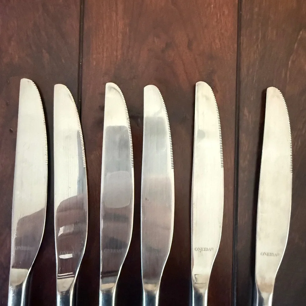 Oneida Moda Glossy Stainless Steel 18/10 6 Dinner Knives Serrated Flatware 9.25